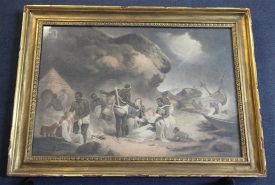 An early 19th century English coloured mezzotint of shipwrecked sailors on the African Coast, 44 x 65cm